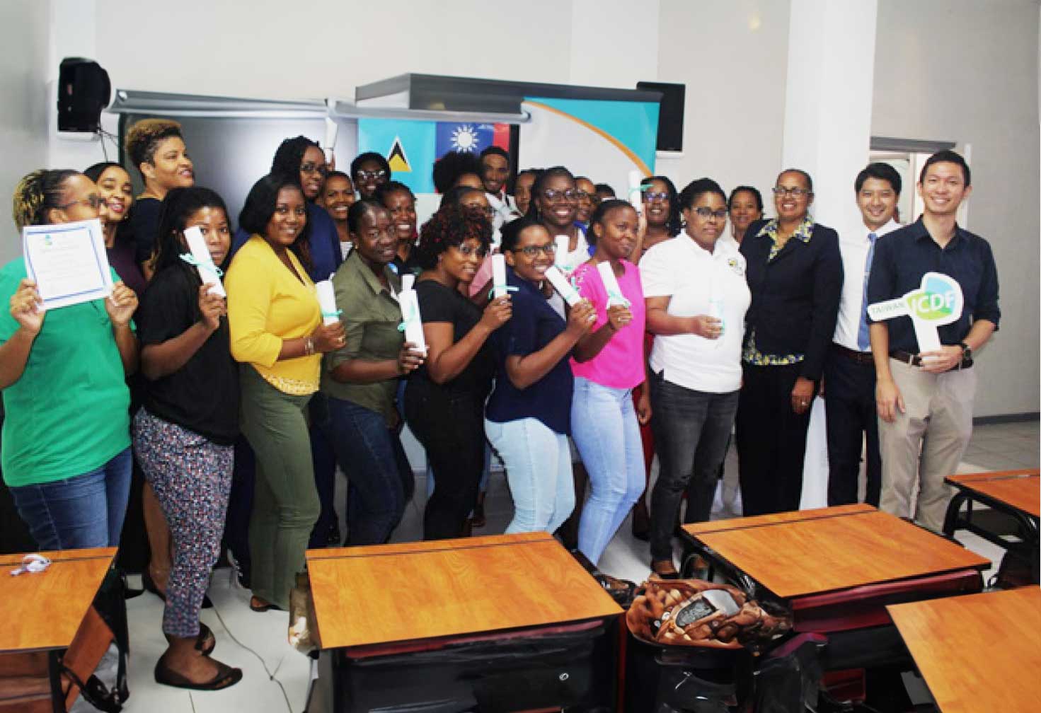 Mr. Daniel Lee, Chief of the Taiwan Technical Mission in Saint Lucia; Mr. Louis Tsou, Project Manager, Taiwan Technical Mission; Ms. Gabrielle Louisy, workshop facilitator; BOSL officials and participants following last Wednesday certificate presentation ceremony.