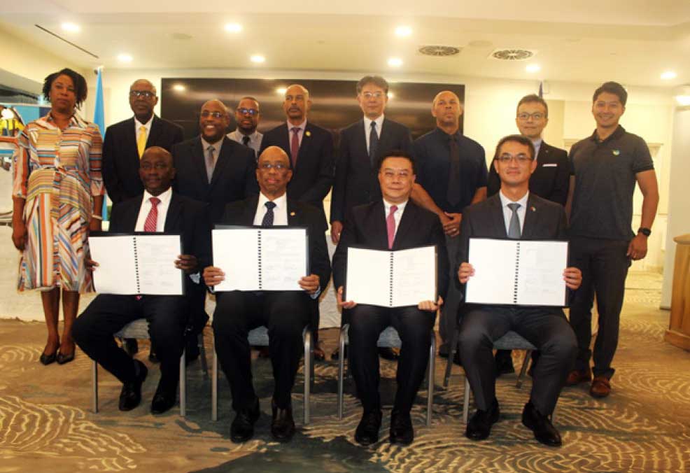 (from left to right, front row): Hon. Alfred Prospere, Minister for Agriculture, Fisheries, Food Security and Rural Development; Mr. Gregg Rawlins, IICA Representative in the Eastern Caribbean States; H.E. Ambassador Dr. Charles Chao-Leng Li, Secretary-General of Taiwan ICDF; and H.E. Peter Chia-Yen Chen, Taiwan’s Ambassador to Saint Lucia; join other officials following the conclusion of the signing ceremony held on Friday, November 3, 2023, at Harbor Club.
