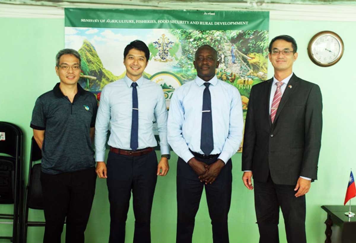 (from right to left) -- His Excellency Peter Chia-Yen Chen, Taiwan’s Ambassador to Saint Lucia; Hon. Alfred Prospere, Minister for Agriculture, Fisheries, Food Security and Rural Development; Mr. Daniel Lee, Chief of the Taiwan Technical Mission (TTM) in Saint Lucia; and Mr. Hugo Lo, Agriculture Specialist at the Taiwan Technical Mission (TTM), at the Tuesday, October 24, 2023 briefing.